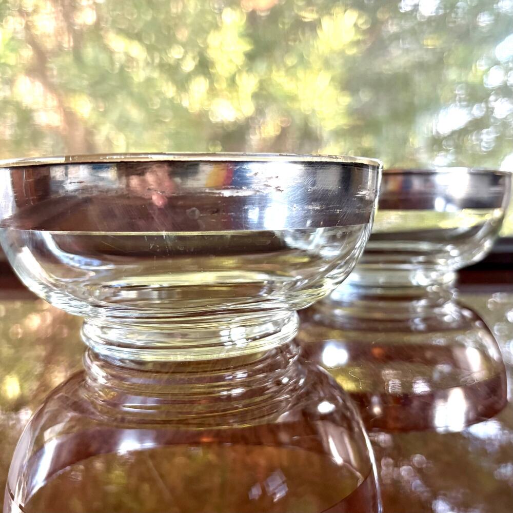 Dorothy Thorpe Glass Pedestal Dessert Bowls Silver Rim Set of 2 Mid Century